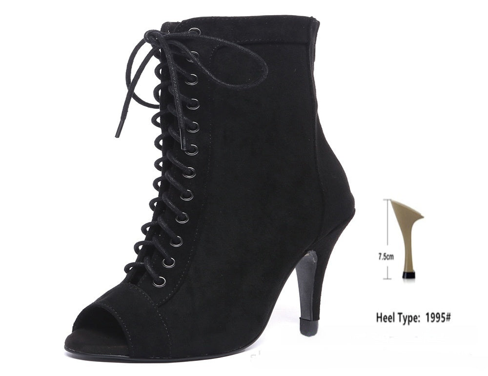 Women's Black Denim Gaobang Peep Toe High Heels