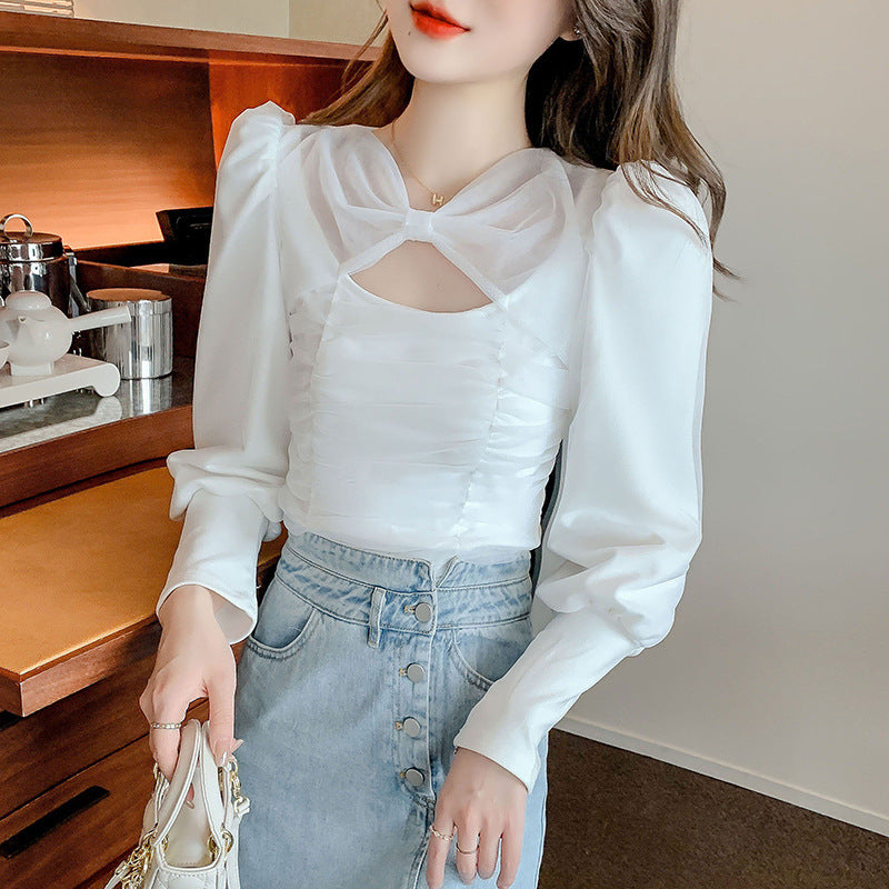 Exposed Collarbone Mesh Slim Fit Long Sleeved Top Bottoming Shirt