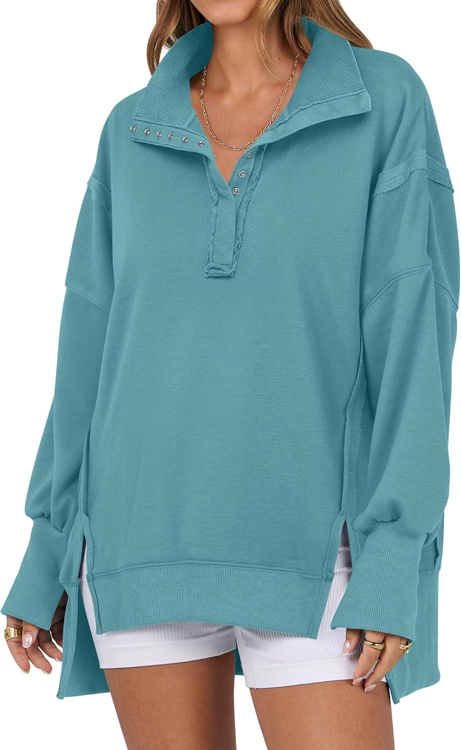 Decorative Moulding Design Blouse Split Lantern Sleeve Polo Collar Sweatshirt