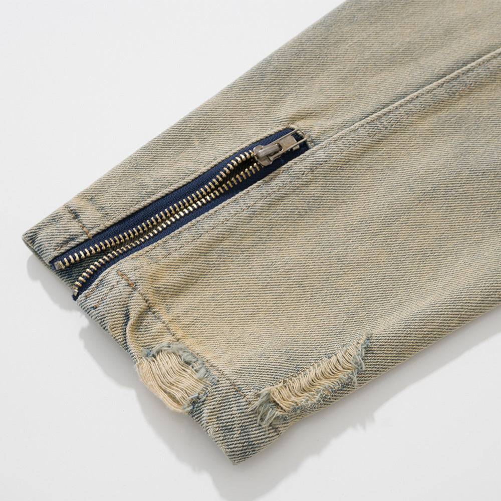 Men's American Street Water Washed Hole Distressed Deconstruction Stitching Autumn Coat