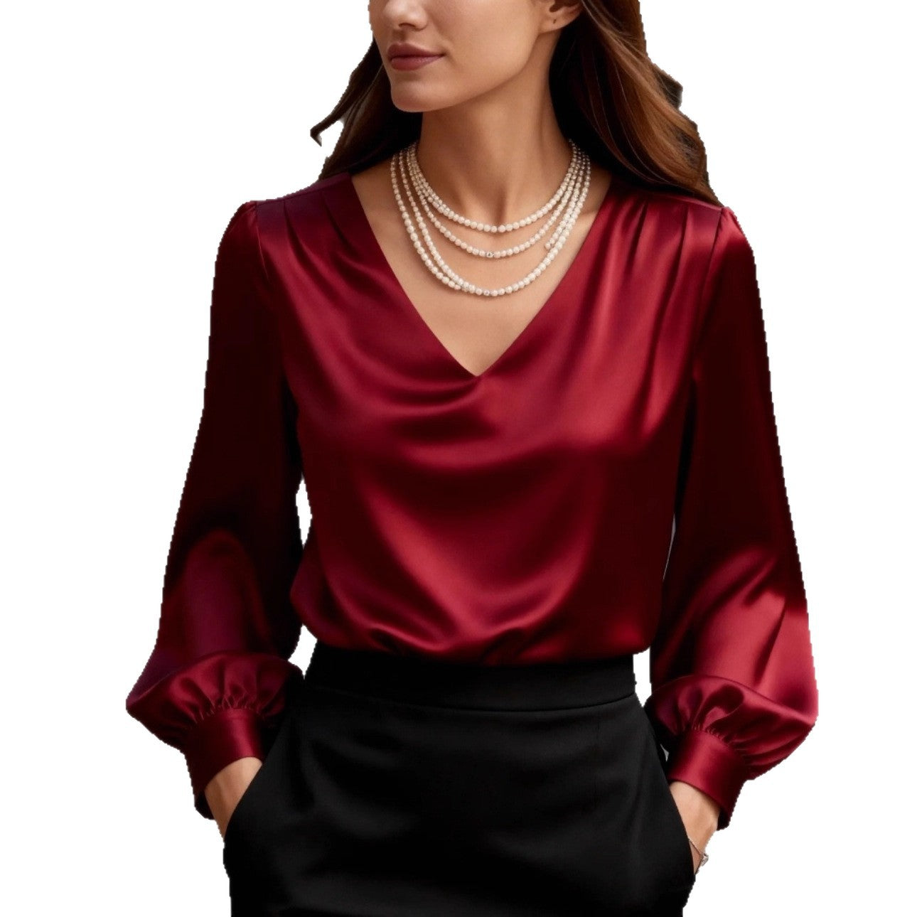 Fransk-inspireret elegant og sofistikeret satinbluse med lange ærmer, pufærmer og V-hals