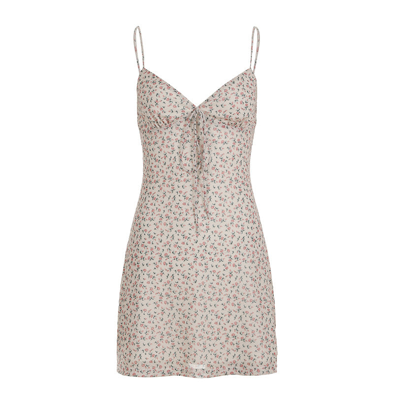 Lightweight Mesh Backless Lace-up Floral V-neck Slip Dress