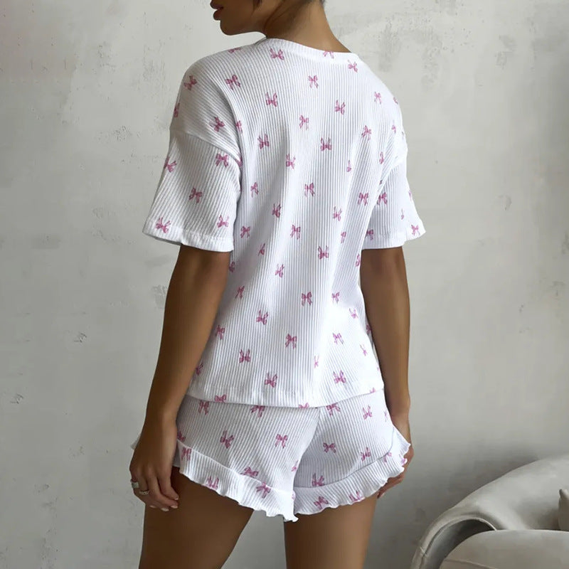 Casual Women's Home Bow Print Short Sleeve Lace Shorts Set