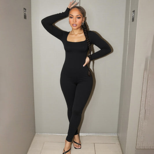 New Sexy U-neck Backless Strap Long-sleeve Solid-color Hip-lifting Jumpsuit