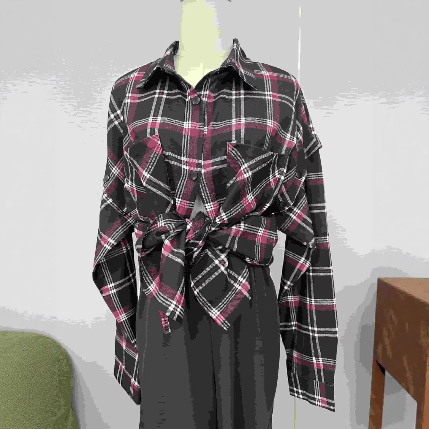 Retro-style Plaid Detachable Longshort-sleeve Shirt With Large Pockets