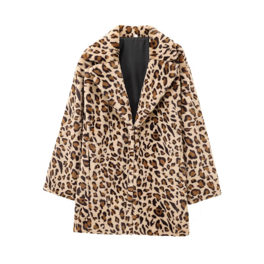 Faux Fur-effekt Moderne Leopardsprint Mellemlang Frakke