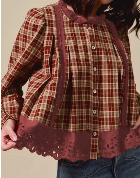 Red Dahlia Check Hollow Lace Edge Button Loose Long Sleeve Shirt