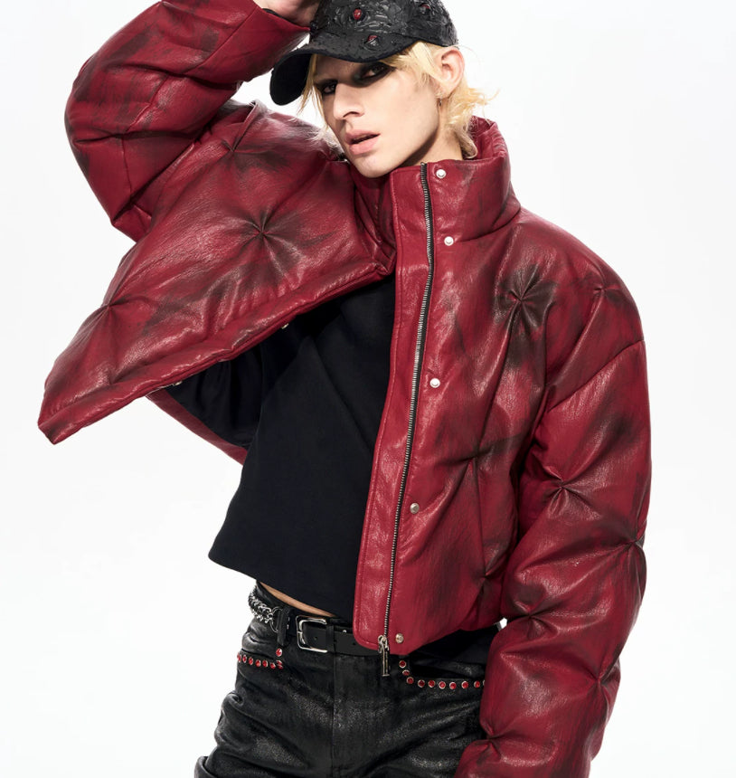 Cropped Leather Puffer Jacket With A Stand-up Collar And Shirring