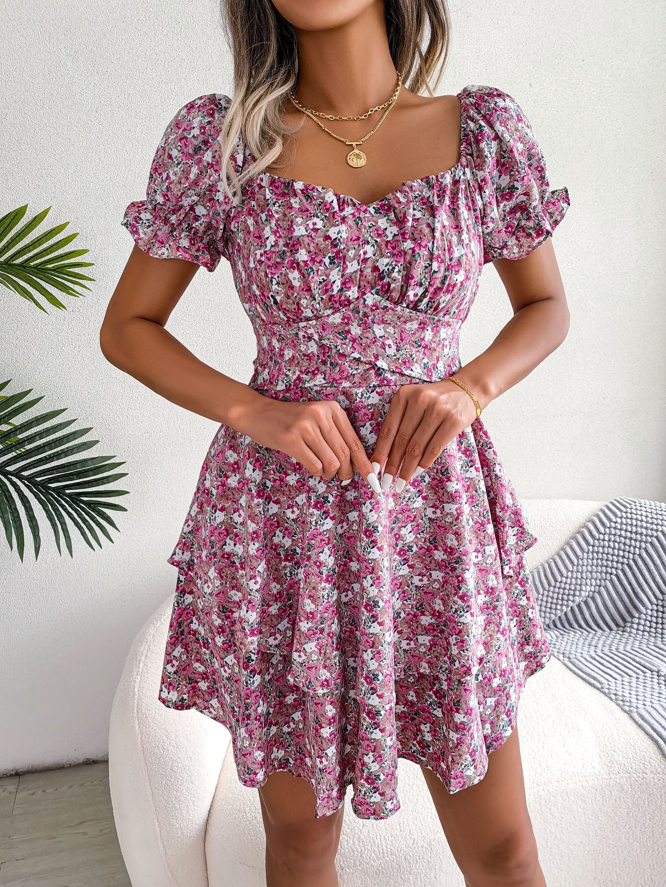 Women  Elegant Floral Print Tie Waist Flowy Dress