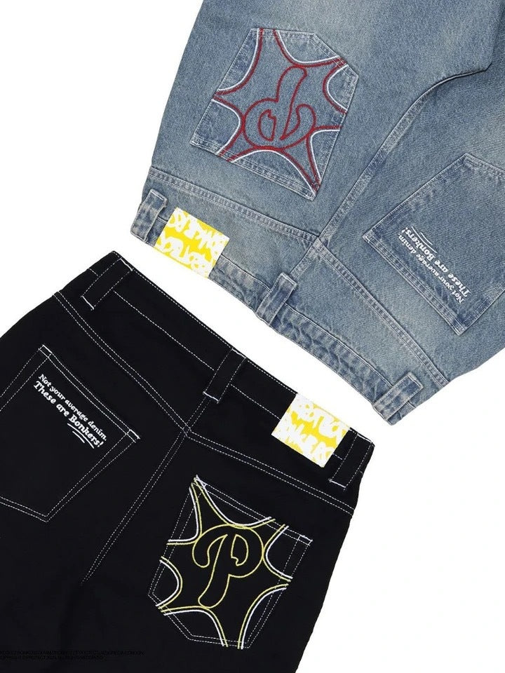 Amerikansk Gade Baggy Afslappet Retro Hip Hop Print Stilfuld Mode Højtaljede Jeans til Mænd