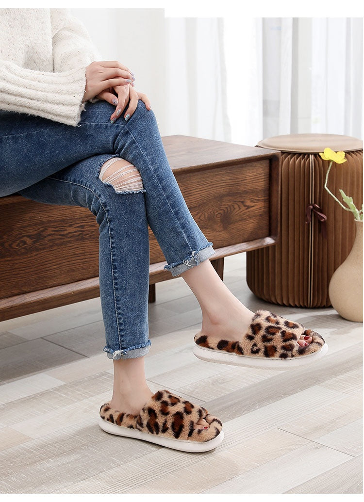 Fashionable Korean Version Leopard Print Plush Slippers For Women