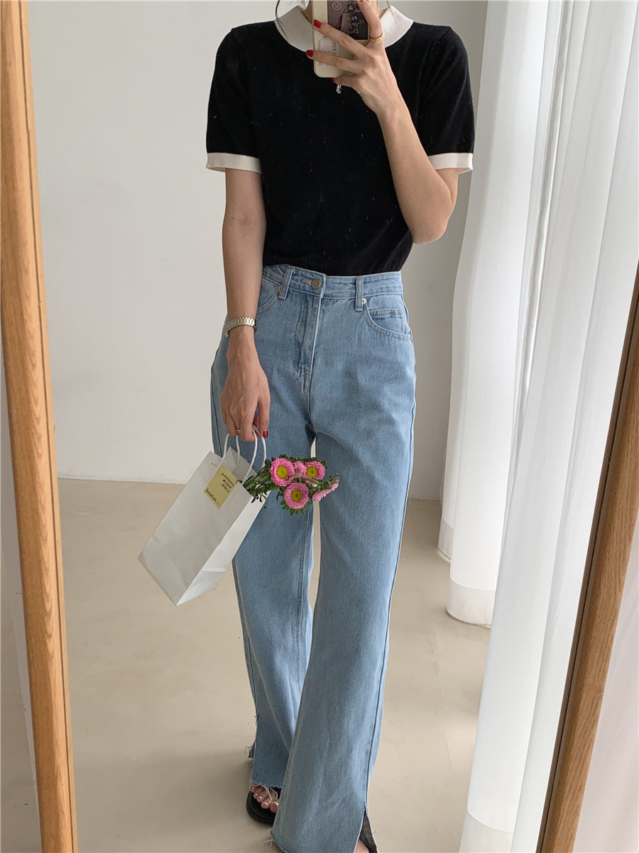 One Row Color Block Doll Collar Short Sleeve