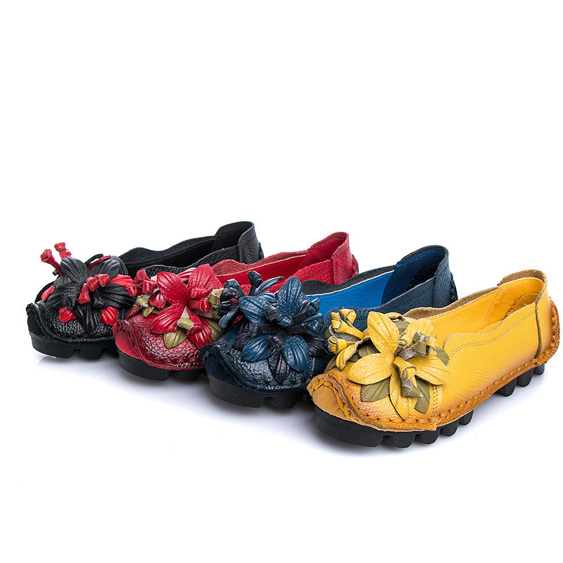 Genuine Leather Ethnic Shallow Mouth Soft Sole Mother Shoes