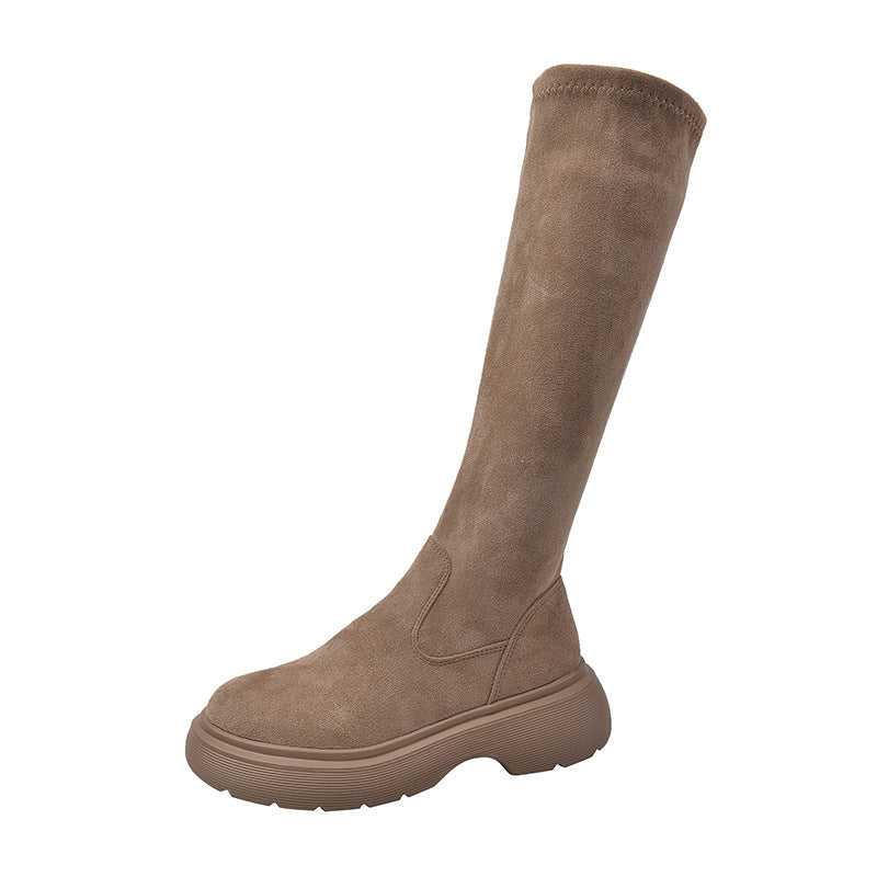 Womens Fashionable Round-toe Suede Chunky-soled Boots