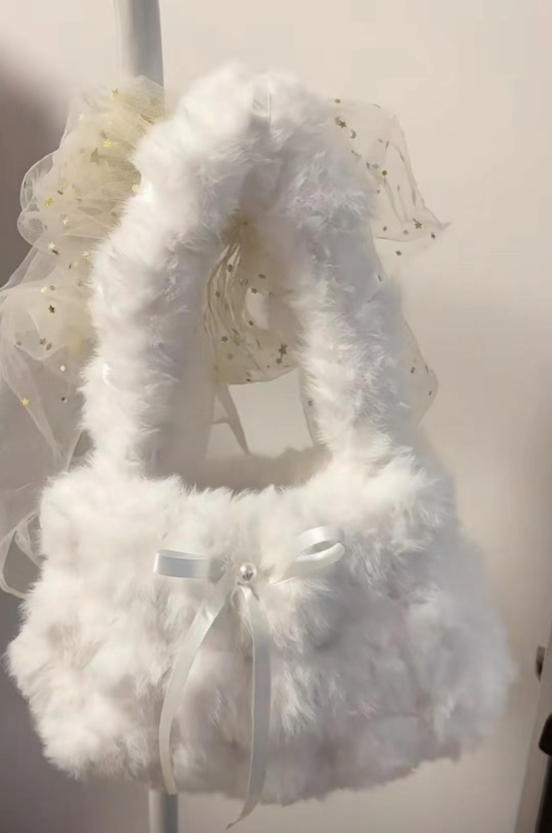 Plush Handbag Women's Snow White Bow Pearl Bag