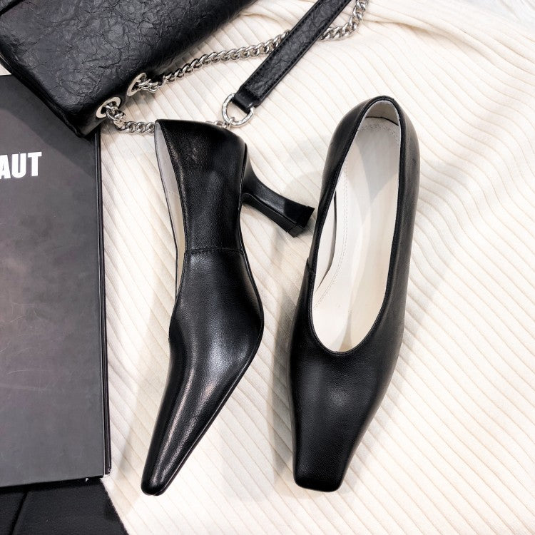 V Mouth Leather White Temperament Square Toe High Heels