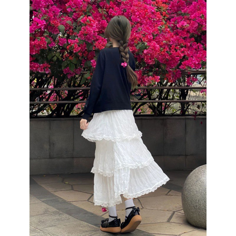 New High Waist White Lace Chiffon Skirt