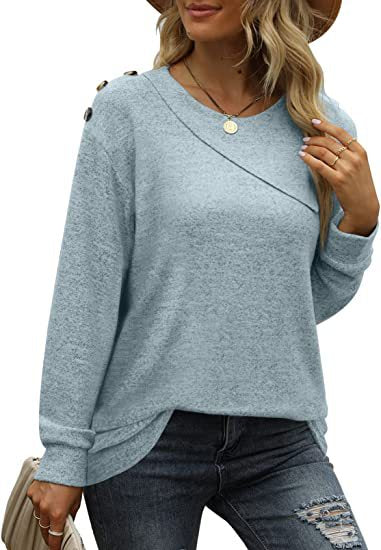 Women's Double Crew Neck Button Sweatshirt T-Shirt