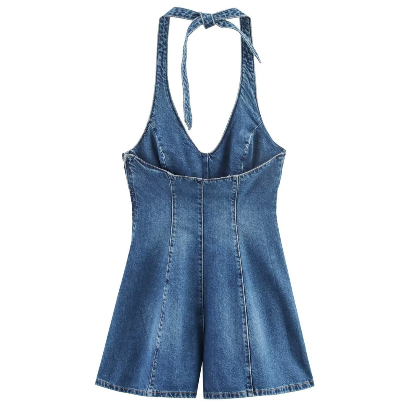 Denim jumpsuit til kvinder med V-udskæring, figursyet pasform og halterneck med åben ryg