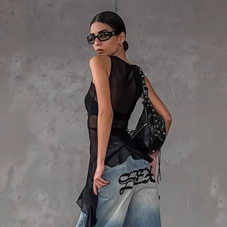 Black Tulle Ruffled Maxi Top