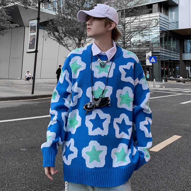 Hong Kong Style Men's Flower Loose Printed Sweater