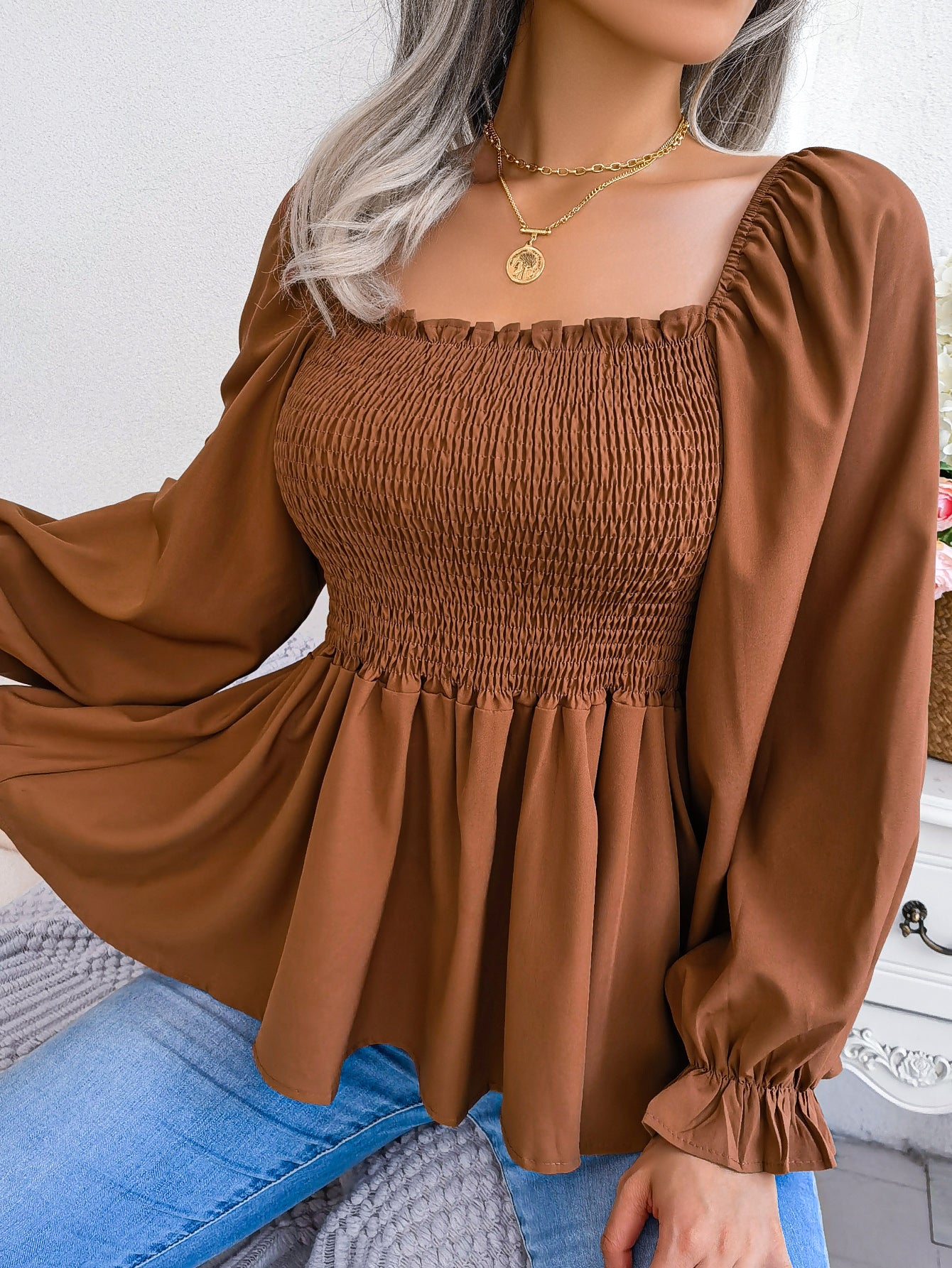 Women's Casual Ruffle Trim Square Neck Long Sleeve Chiffon Top