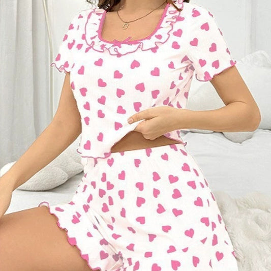 New Sweet Square-Neck Short-Sleeve Shorts Womens Loungewear
