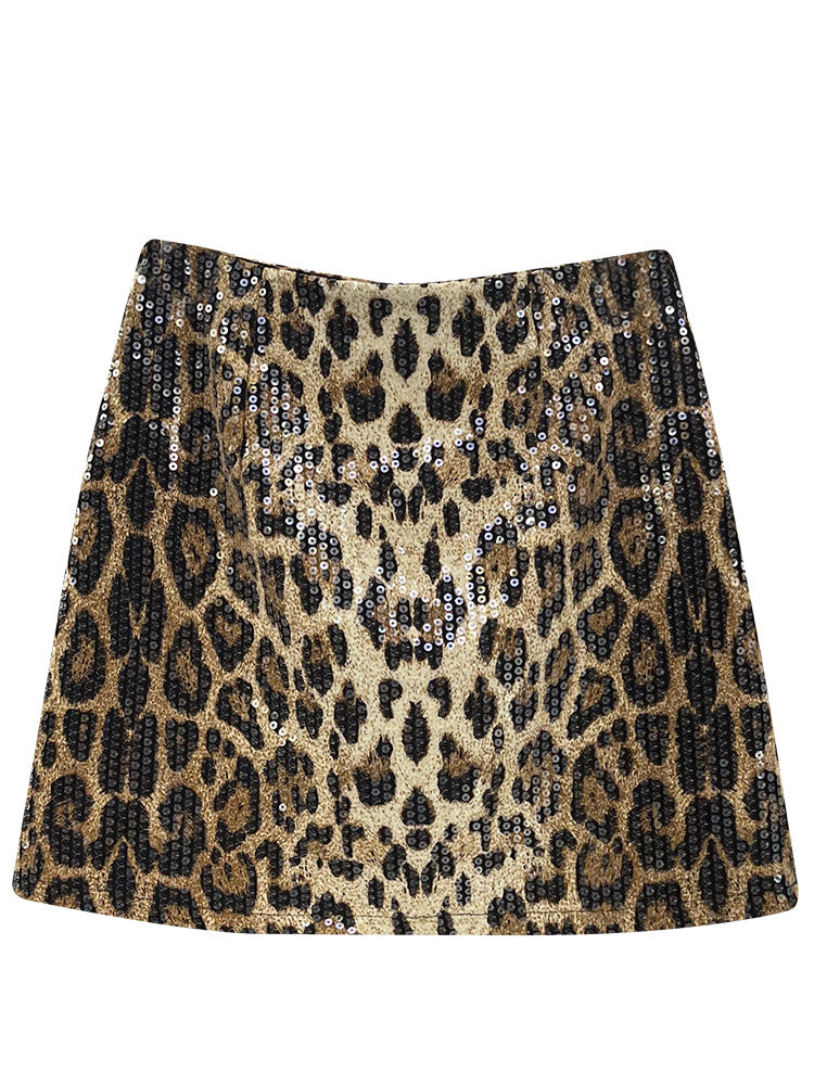 American Hot Girl Leopard Print Sequined Skirt For Women