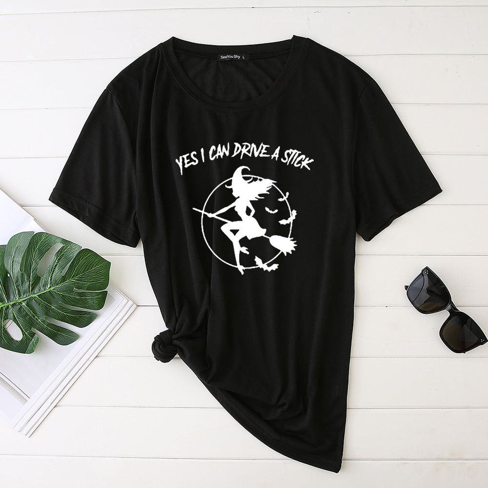 Flying Witch Print Crew Neck Short Sleeve T-Shirt