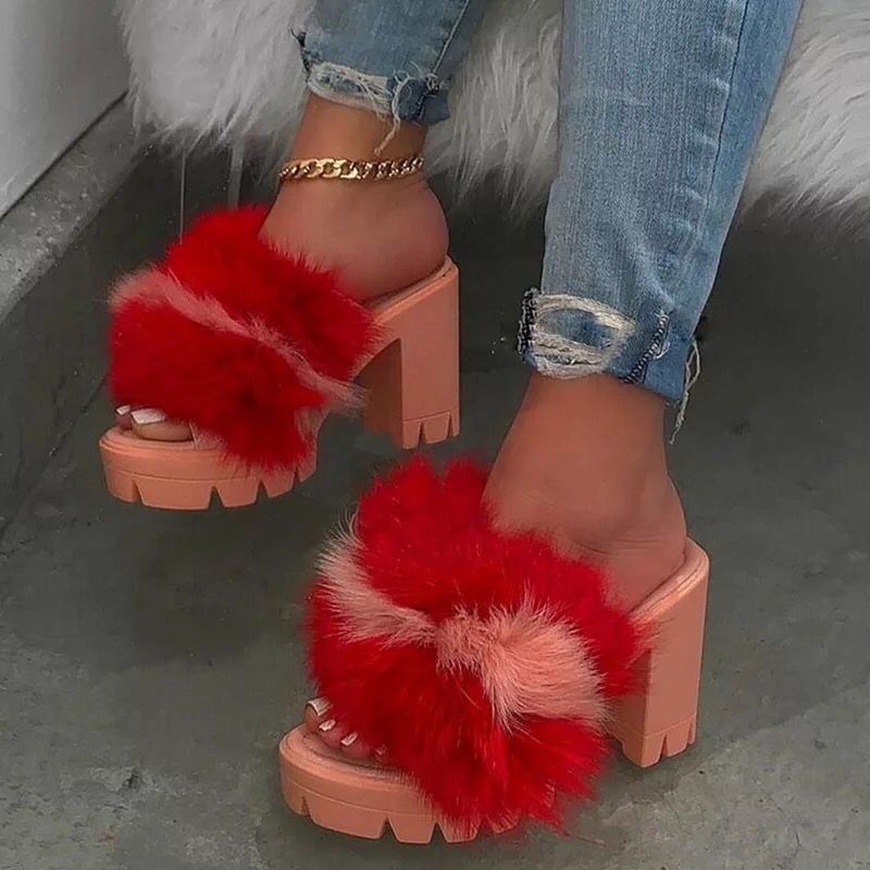Waterproof Platform High-heeled Sandals Women's Plus Size Color Plush Slippers