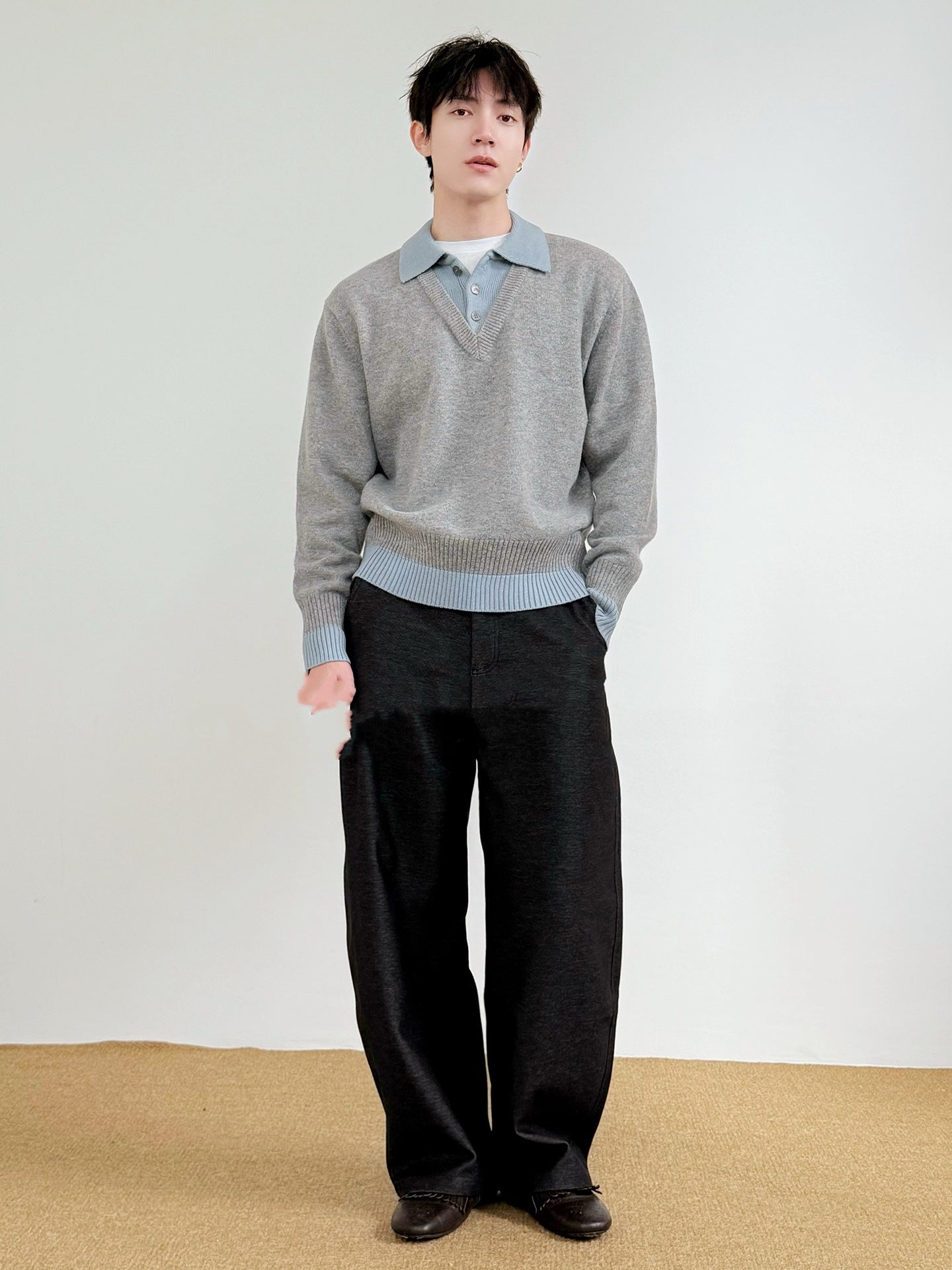 Two-piece-style Sweater With A Contrasting-color Lapel Neckline