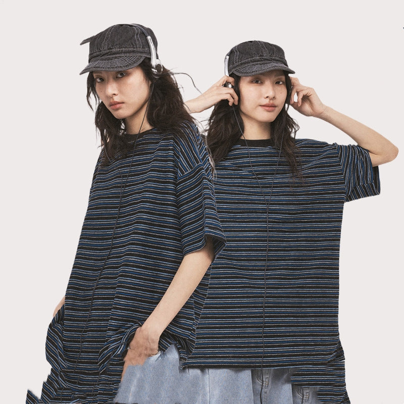 Loose Striped Solid Color Couple Short Sleeve