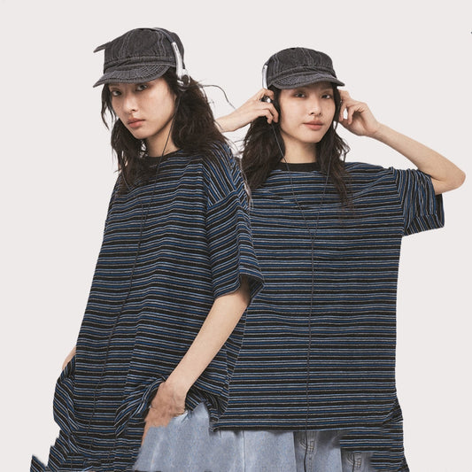 Loose Striped Solid Color Couple Short Sleeve