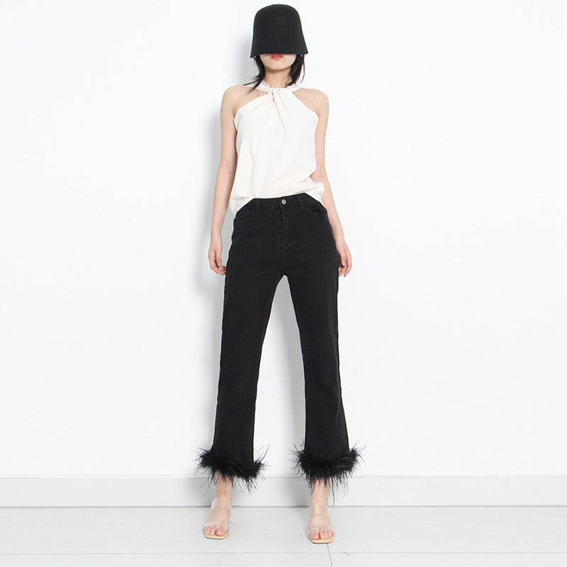 Simple Cropped Fashion Trousers Ostrich Feather Stitching Design For Women