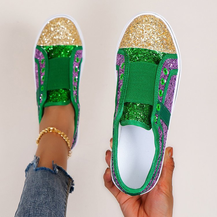 Cross-border Large Size Casual Flat Heel Low-top Color Matching Round Head Sequins Canvas Shoes