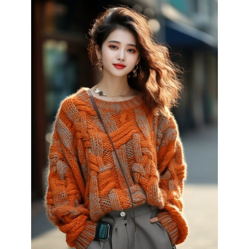 Orange Classic Style Thick Thread Sweater Coat For Women