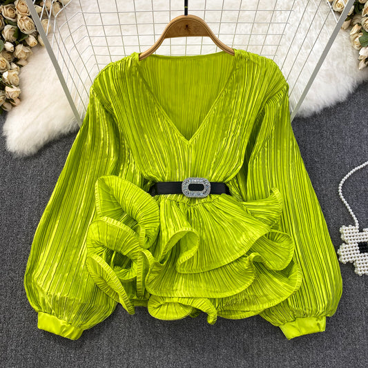 Lantern Long Sleeve V-neck Loose Belly-covering Waist Ruffle Hem Pullover Shirt