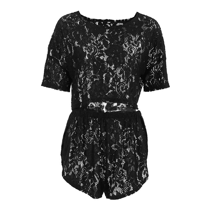 Womens Sheer Lace Midriff-Baring Short-Sleeve Slit Shorts Set