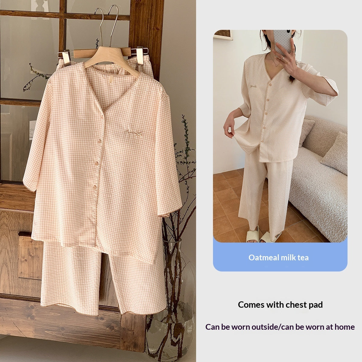 Cloud Cotton Plaid Homewear Womens Padded V-Neck Three-Quarter Sleeve Pants Outerwear-Ready Pajama Two-Piece Set