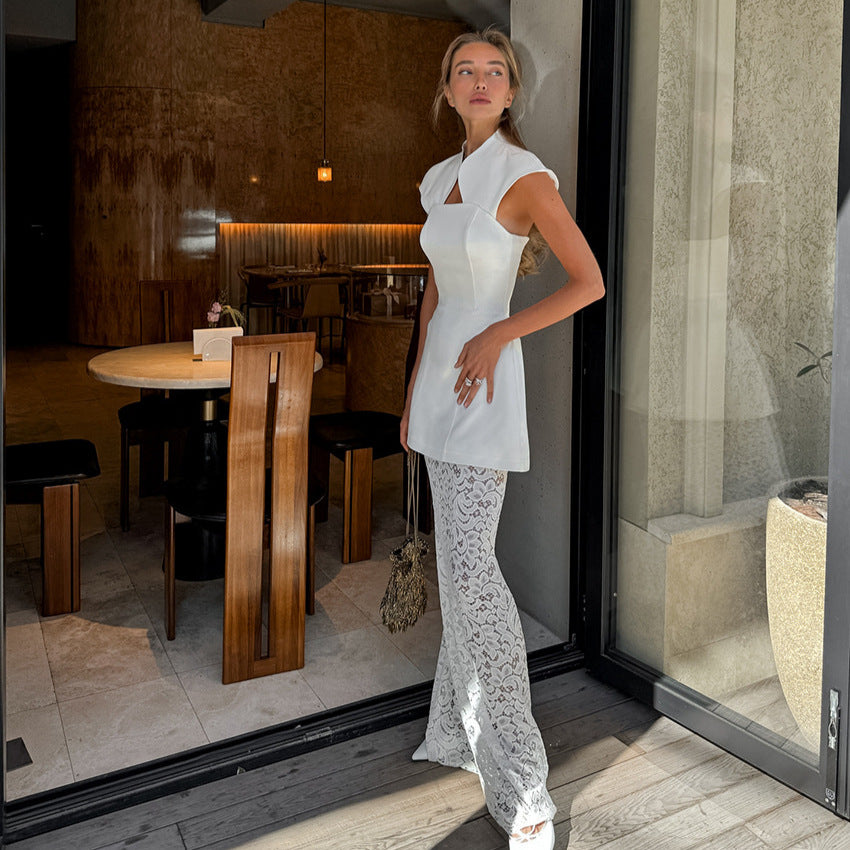 French-style Designer Womens Tube Top And White Lace Skirt Two-piece Set