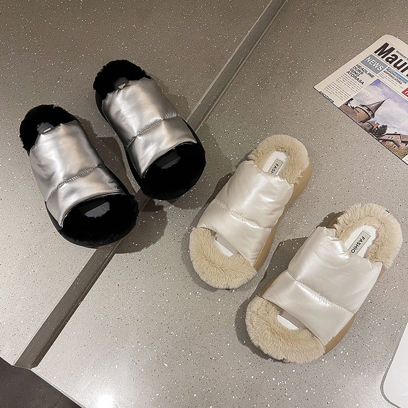 Thick Soled Warm Down Plush Slippers For Women's Outer Wear  Toed Flip Flops