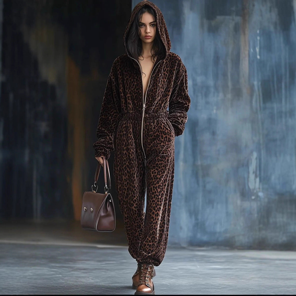 Womens Hooded Long-sleeve Leopard-print Jumpsuit With Long Pants