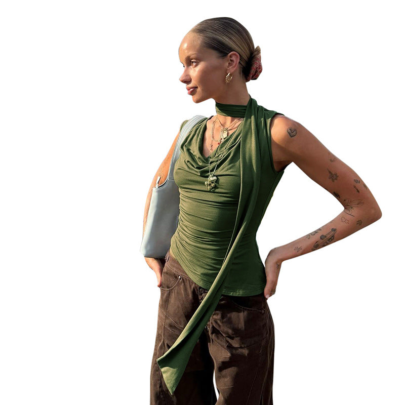 Summer New Solid Color Swing Collar Ribbon Vest T-shirt Top For Women