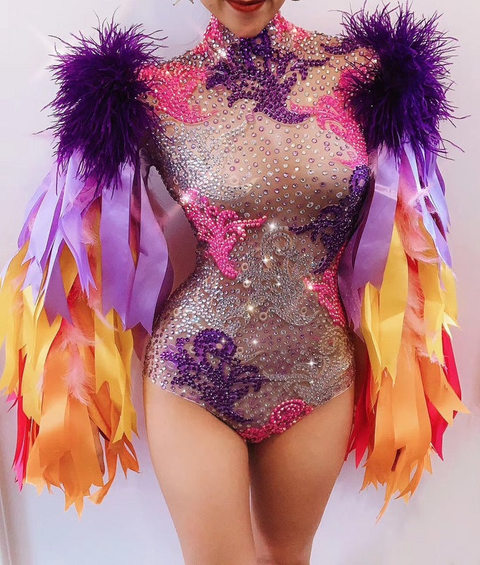 Women's Fashion Simple Print Full Of Diamonds Fur Ribbon One-piece Performance Clothes