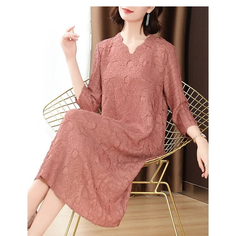 Fashionable V-neck Embroidered Mid-length Loose A-line Dress