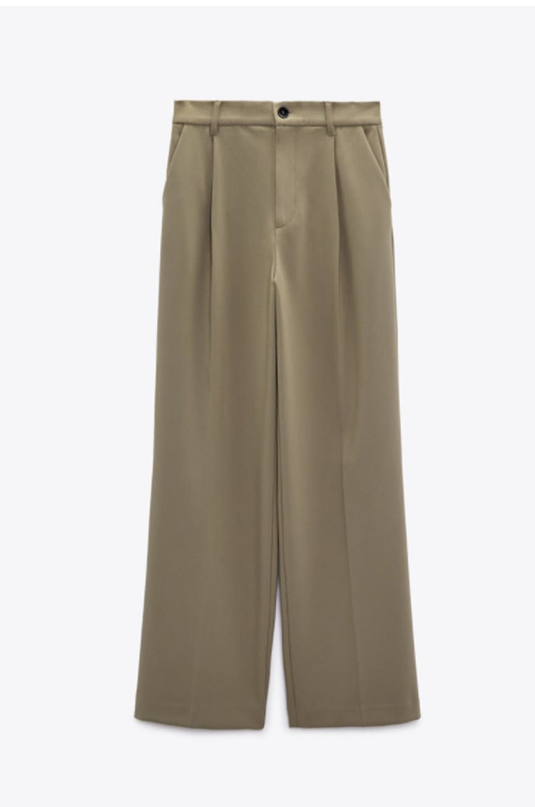 Casual Zipper And Button Closure Front Pleated Design High Waist Trousers