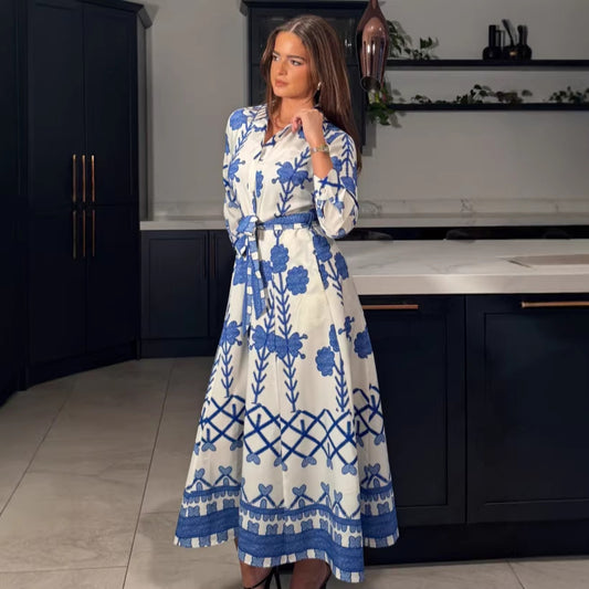 Womens Printed Defined-Waistline Long-Sleeve Dress
