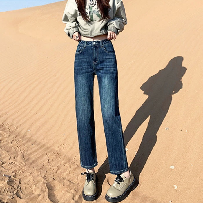 Hvide Jeans Koreansk Stil Højtaljede Stræk Cigaretbukser Små Cropped Straight Bukser