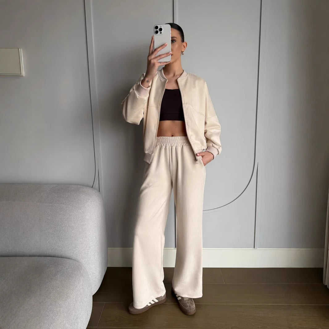 Solid-color Zip-up Cardigan Womens Hoodie Set