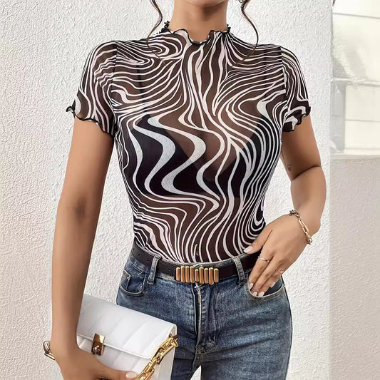 Elegant Womens Mesh Top With Floral Print Striped Design And Ruffle Trim Short Sleeves